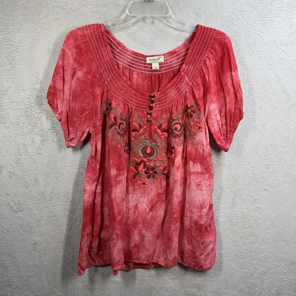 One World Short Sleeve Embroidered Blouse Women's M Boho Relaxed Rayon Resort‎